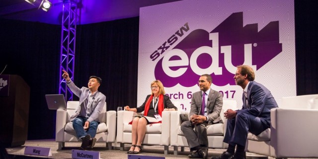 SXSW EDU program 2017 Featured Session, Liberal Arts 2.0: The Role of Colleges in Society, with Daniel Porterfield, Kathleen McCartney, Sean Decatur, Z Michael Wang.