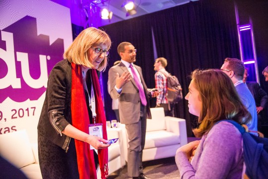SXSW EDU 2017 Featured Session, Liberal Arts 2.0: The Role of Colleges in Society, featuring Daniel Porterfield, Kathleen McCartney, Sean Decatur, Z Michael Wang. Photo by David Zacek.
