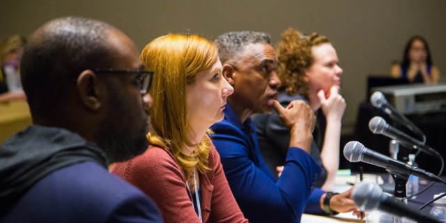 SXSW EDU 2017 Launch competition showdown round judges, Aaron Walker, Corinne Weisgerber, Darryl Adams and Eileen Murphy Buckley.