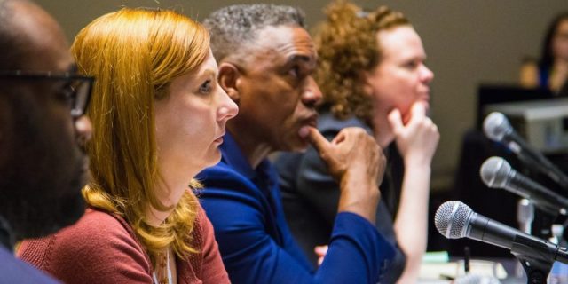 SXSW EDU 2017 Launch competition showdown round judges, Aaron Walker, Corinne Weisgerber, Darryl Adams and Eileen Murphy Buckley.