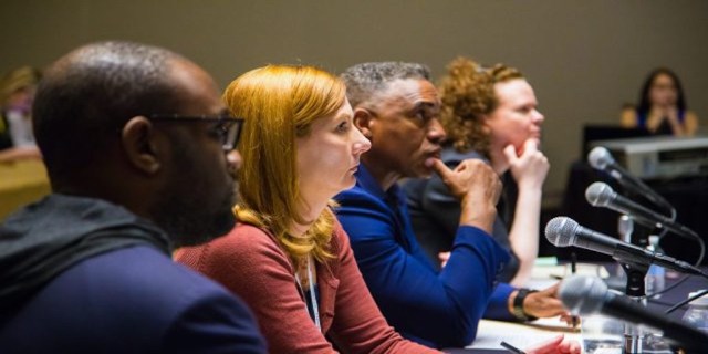 SXSW EDU 2017 Launch competition showdown round judges, Aaron Walker, Corinne Weisgerber, Darryl Adams and Eileen Murphy Buckley.