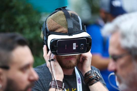 SXSW EDU 2017 attendee at Expo trying Samsung Gear VR.