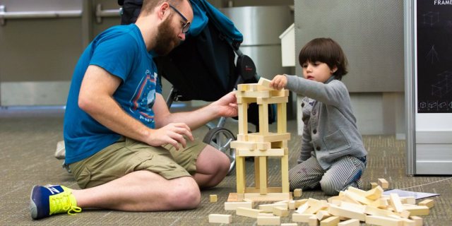 SXSW EDU 2017 Playground photo of dad and son playing with blocks. Photo by Jay Nicholas.