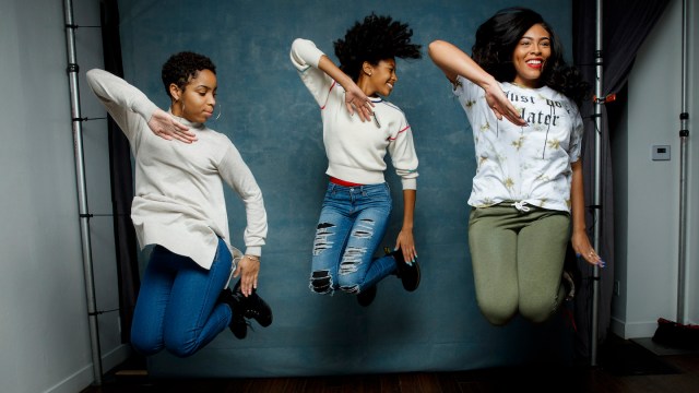 Step team members Tayla Solomon, Cori Granger, and Blessin Giraldo, from the documentary film, "STEP," are photographed at the 2017 Sundance Film Festival for Los Angeles Times on January 20, 2017 in Park City, Utah. PUBLISHED IMAGE. CREDIT MUST READ: Jay L. Clendenin/Los Angeles Times/Contour by Getty Images. (Photo by Jay L. Clendenin/Los Angeles Times/Contour by Getty Images)