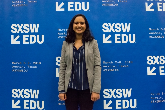 Westwood High Schooler, Aarushi Machavarapu, SXSW EDU 2018 Student Startup Competition Winner. Photo by Amanda Stronza. Westwood High Schooler, Aarushi Machavarapu, SXSW EDU 2018 Student Startup Competition Winner. Photo by Amanda Stronza.