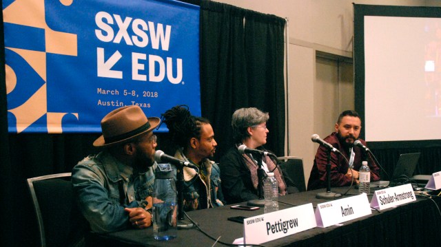 SXSW EDU 2018 panel, Soundtrack 63: Social Justice through Music & Tech, featuring Asante Amin, Chenits Pettigrew, Peg Schuler-Armstrong, and Armando Somoza.