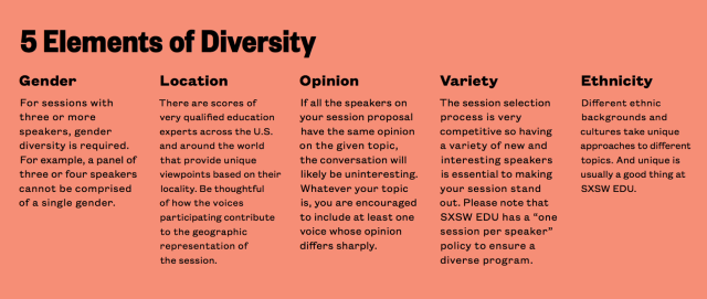SXSW EDU 2019 PanelPicker Five Elements of Diversity.