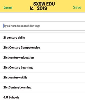 SXSW EDU 2019 mobile app profile tags.