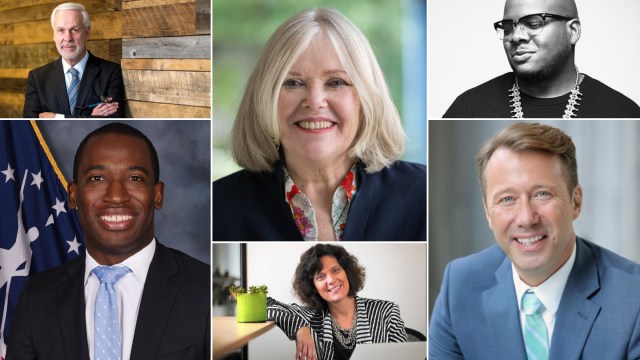 SXSW EDU 2019 speakers (t-b, l-r) Paul LeBlanc, Jane Oates, Rob English, Mayor Levar Stoney, Connie Yowell, and Mayor Shane Bemis.