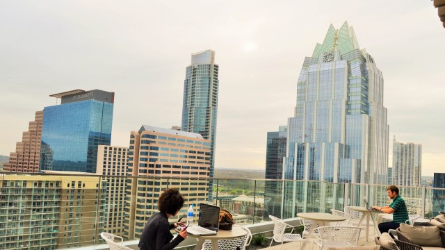 Working on the Hilton Austin Downtown hotel balcony. Photo by Nicole Burton.